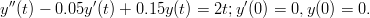  &prime;&prime;          &prime;                   &prime;
y (t) &minus; 0.05y (t) + 0.15y (t) = 2t;y (0) = 0,y(0) = 0.
