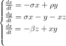 ( dx
|||| dt = &minus; &sigma;x + &rho;y
|{ ddyt = &sigma;x &minus; y &minus; xz
| dz
|||| dt = &minus; &beta;z + xy
(
