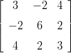 &lfloor;             &rfloor;
   3   &minus; 2  4
||             ||
|&lceil; &minus; 2   6   2 |&rceil;
   4    2   3